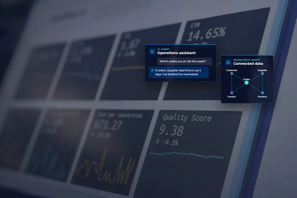 An AI agent answering an operations question, drawing on a knowledge graph of orders, customers, suppliers and products