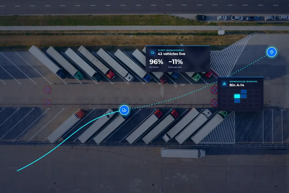 Freight depot from above with live fleet management routes and a warehouse binning map